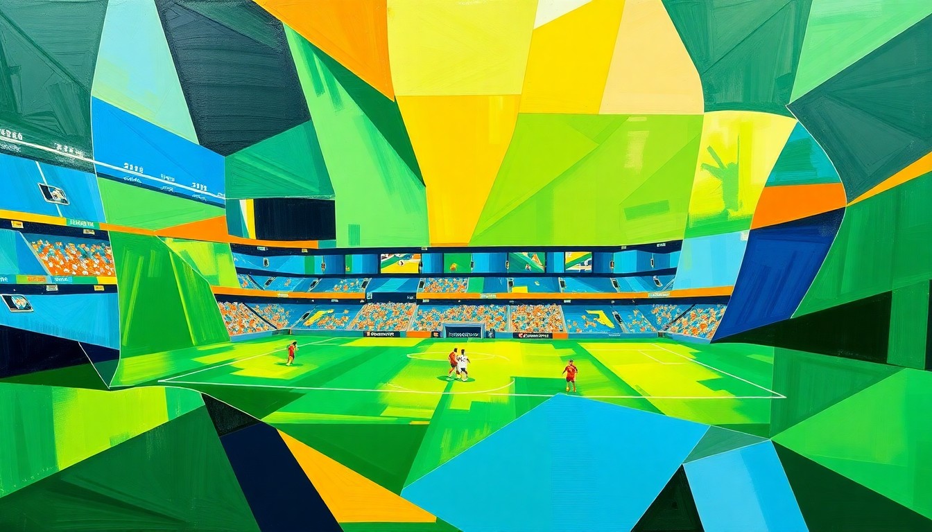 A cubist-style painting featuring overlapping geometric shapes and planes in shades of green, blue, and orange, representing the action and energy of a soccer match.