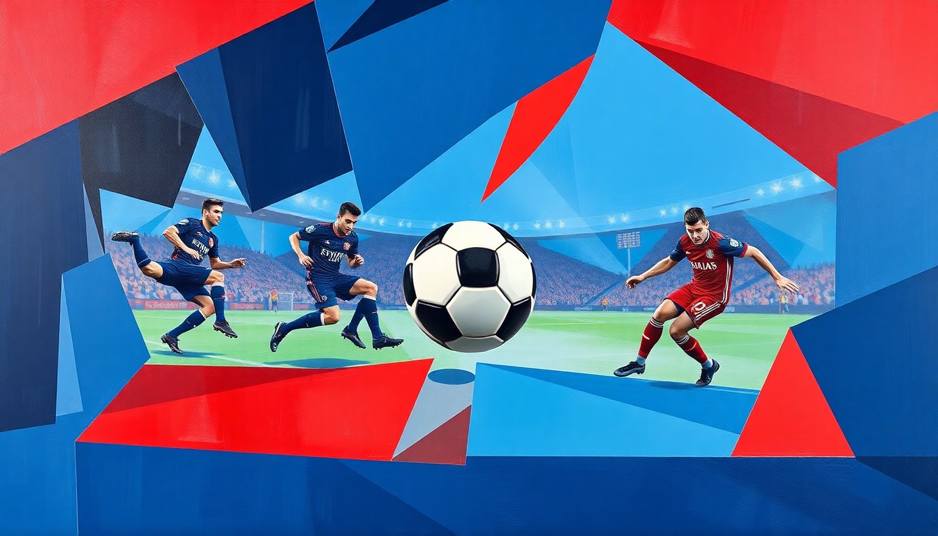 A cubist, geometric painting depicting the dynamic movements and action of a soccer match between two teams, with fragmented, angular shapes in shades of blue and red representing the players and ball.