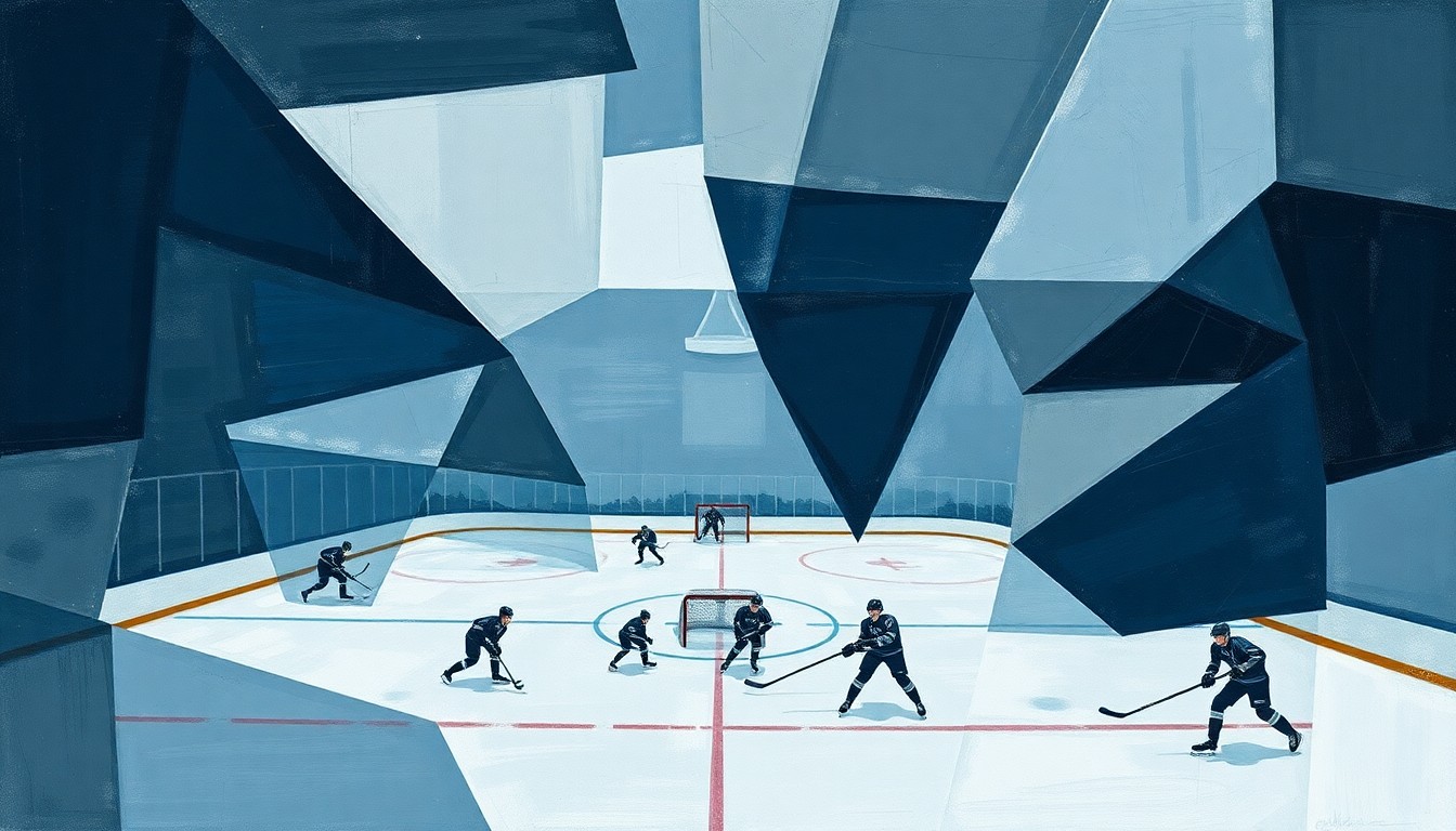 A cubist, geometric painting depicting a fragmented hockey scene, with overlapping planes of muted colors representing the Devils' struggles and uncertain path forward.