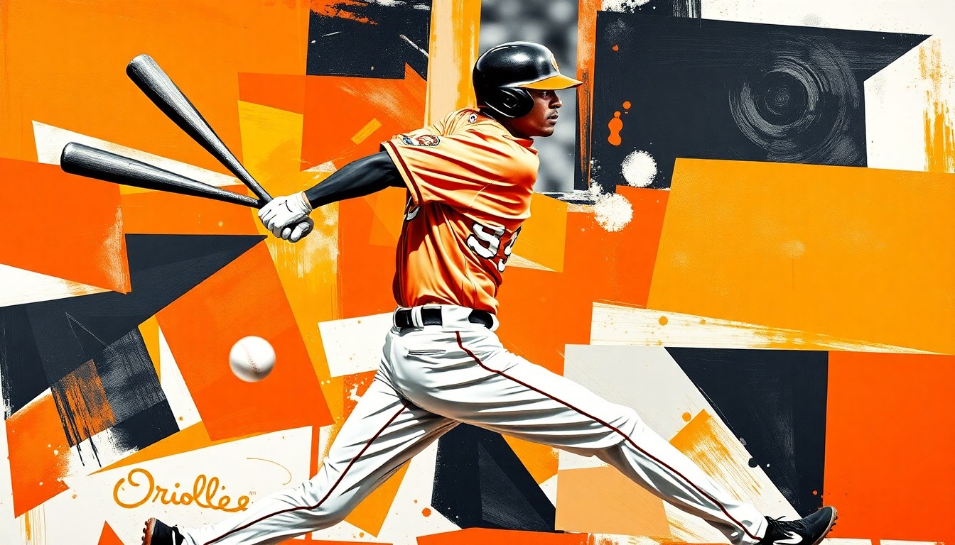 A cubist, geometric painting depicting a baseball player's motion broken down into overlapping planes of vivid orange, black, and white, capturing the energy and anticipation of a young star's return to the game.