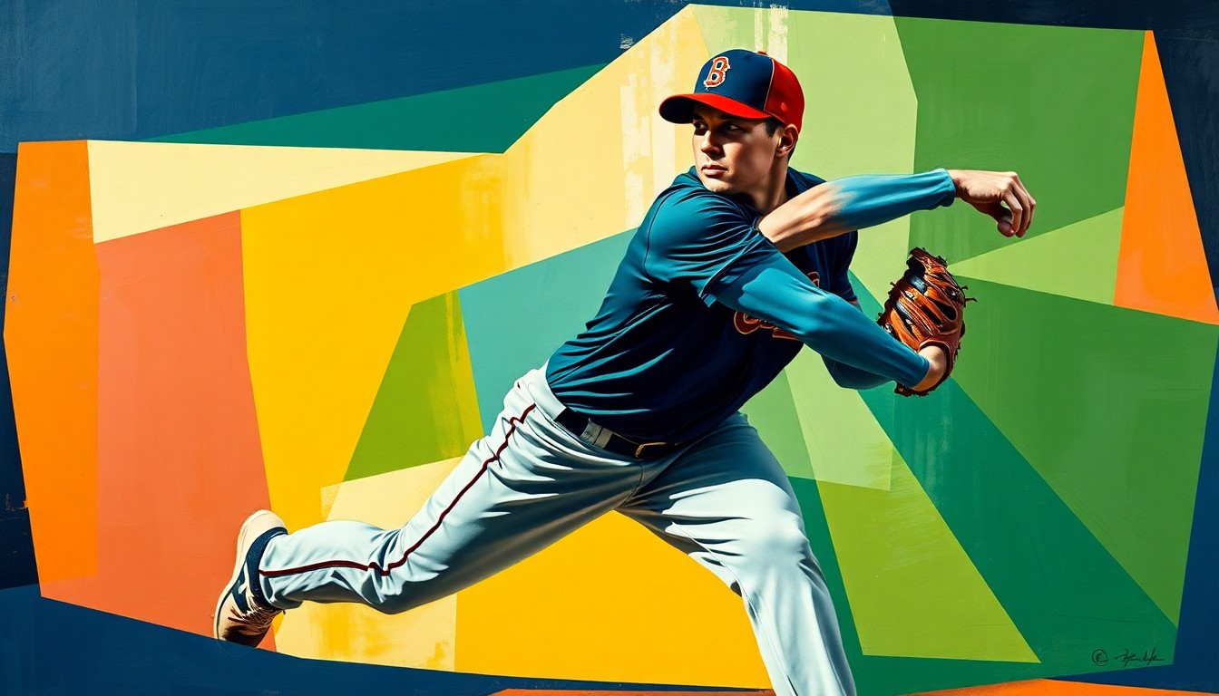 A cubist, geometric painting depicting the fractured, overlapping motions of a baseball pitcher's windup and delivery, capturing the dynamic energy of the sport in an abstract, artistic style.