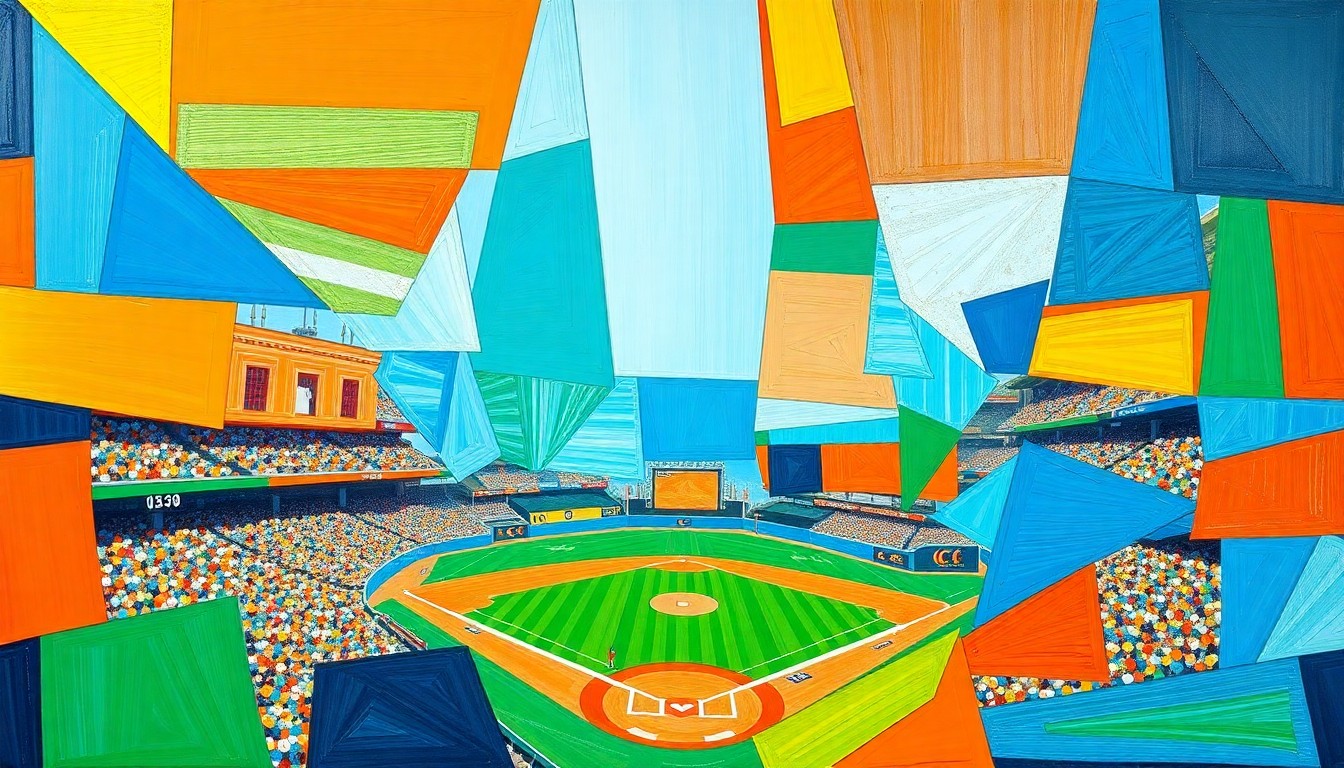 A vibrant, fractured painting depicting a college baseball game in progress, with sharp geometric shapes and planes of color representing the action on the field.