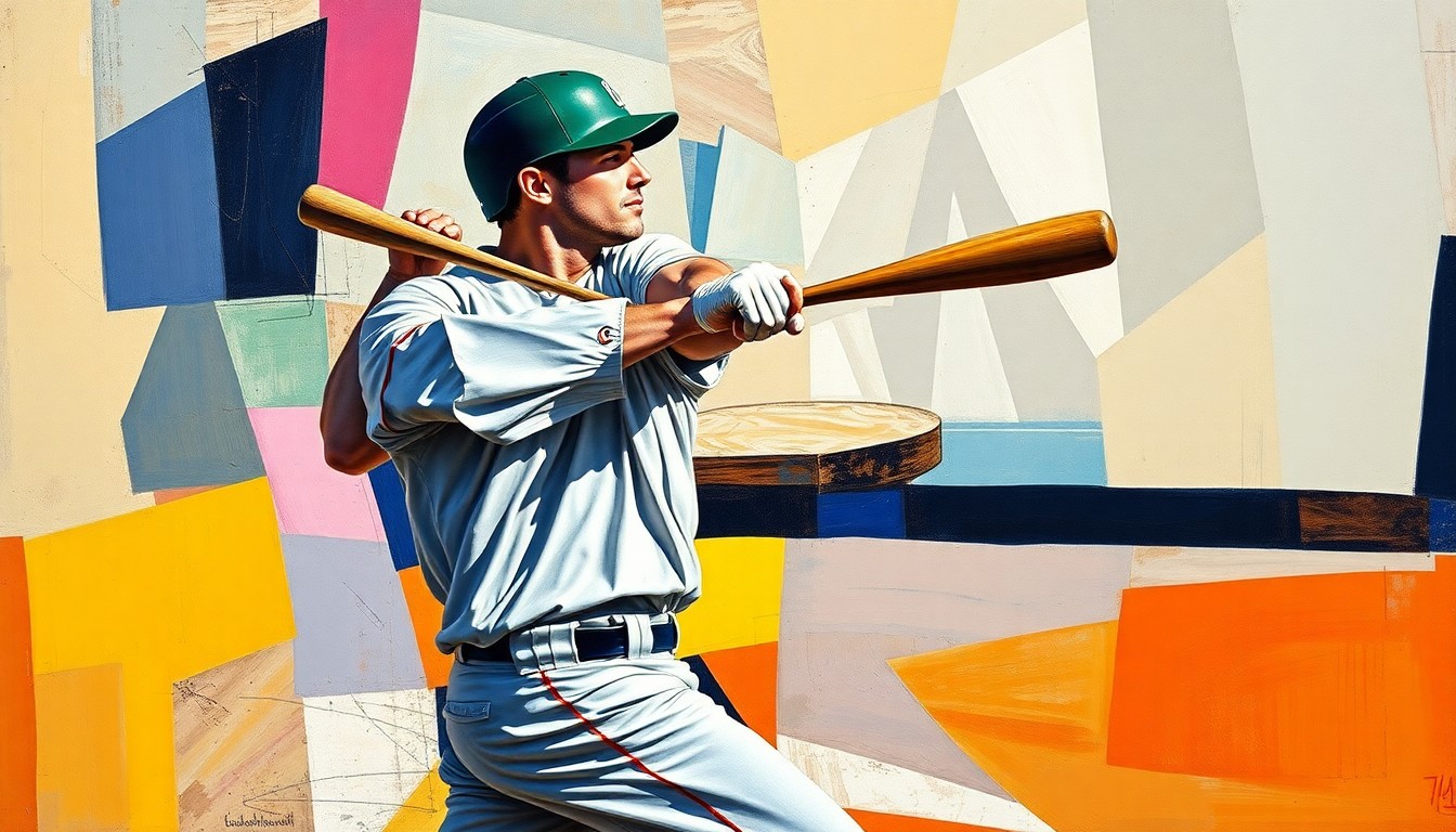 A fragmented, cubist-style painting depicting a baseball player being hit by a pitch, with the impact broken down into sharp, overlapping geometric shapes and planes.