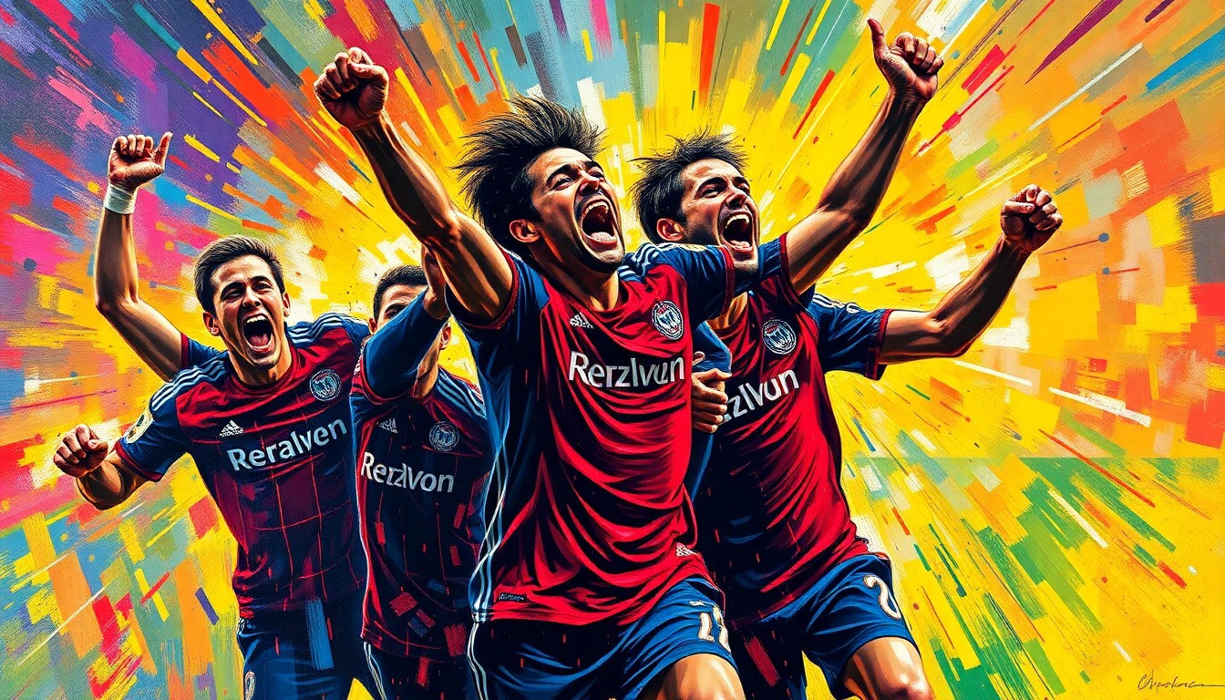 An abstract expressionist painting in vibrant neon colors, with rapid brushstrokes capturing the dynamic movement and energy of a soccer match, representing the New England Revolution's comeback victory over the Columbus Crew.
