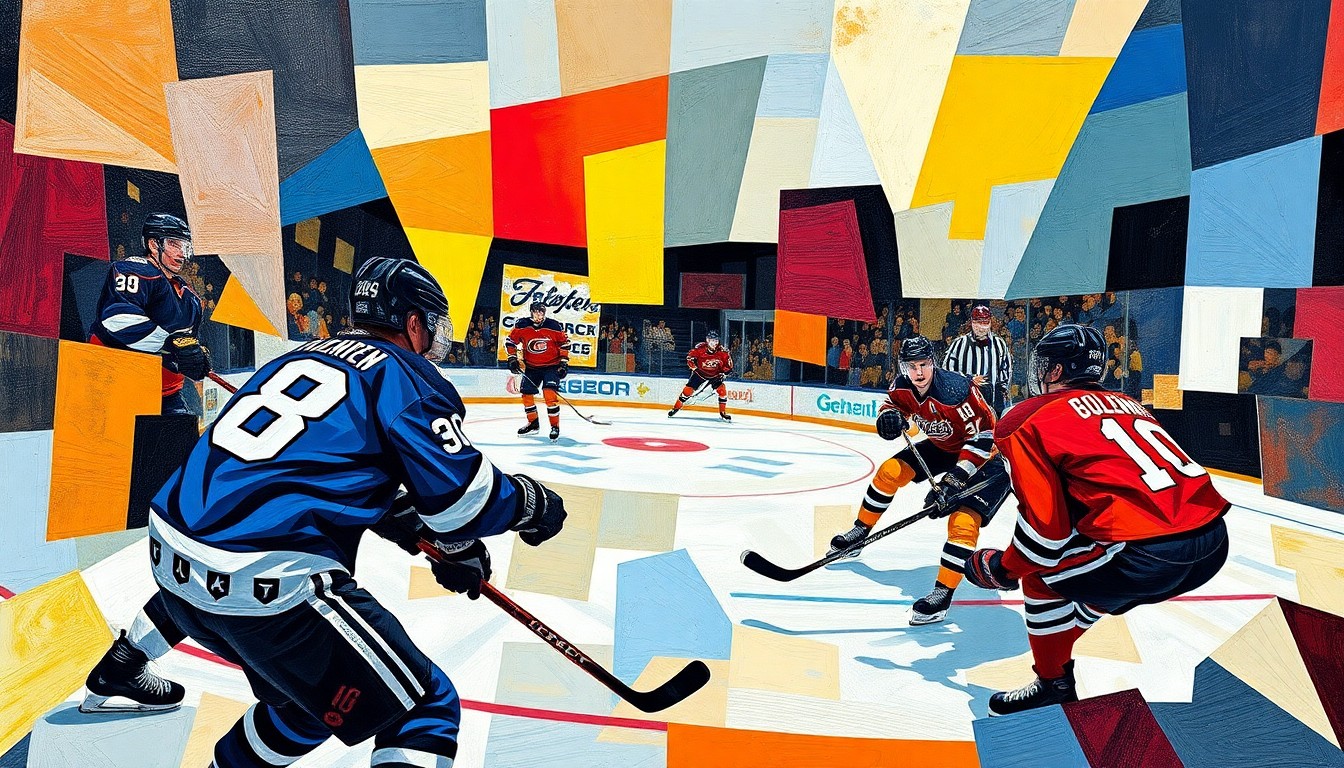 A cubist, geometric painting depicting a hockey game, with overlapping planes of bright blue, green, and red colors representing the players and action on the ice.