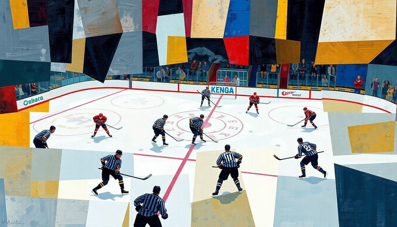 A fractured, multi-perspective painting depicting a hockey game or match, with the players and ice deconstructed into abstract shapes and planes of color in the style of Pablo Picasso, conceptually representing the energy and movement of the sport.