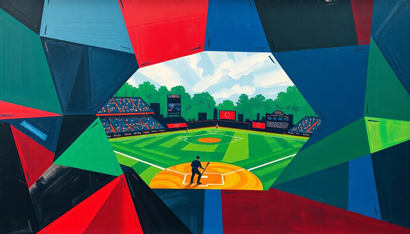 A cubist-style painting depicting a softball game broken down into fragmented geometric shapes and planes in shades of blue, green, and red, conveying the dynamic energy and competitive spirit of the sport.