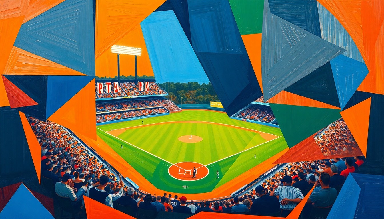 A fragmented, geometric painting depicting the dynamic movements and competing forces of a college baseball game, rendered in bold, contrasting colors.