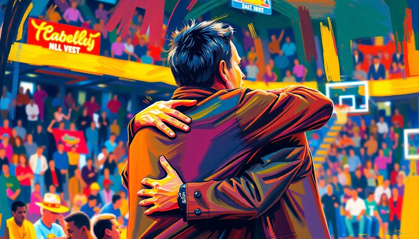 An abstract, expressionist painting in neon colors, with rapid brushstrokes depicting the embrace of a father and son at a basketball game, conveying the raw emotion and energy of the moment.
