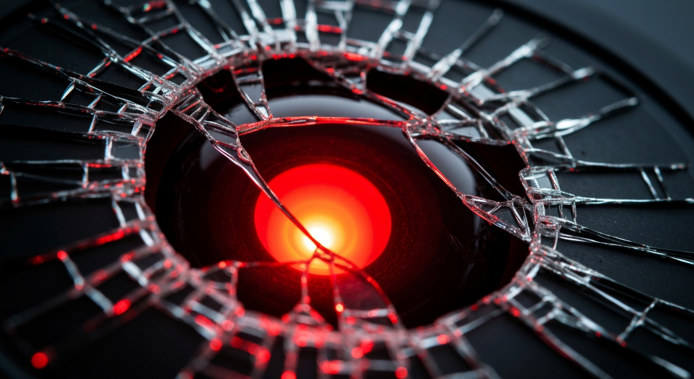 An extreme close-up of a shattered car sensor lens reflecting a faint red light, conceptually illustrating the vandalism of self-driving cars.