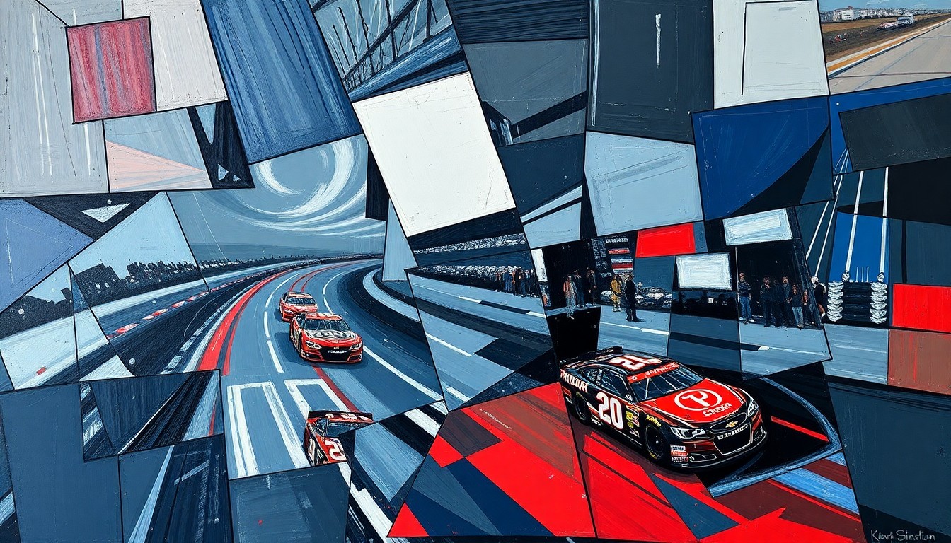 A cubist, geometric painting depicting a fragmented NASCAR race scene, with sharp planes of dark blues, grays, and reds overlapping to create a sense of motion and energy.