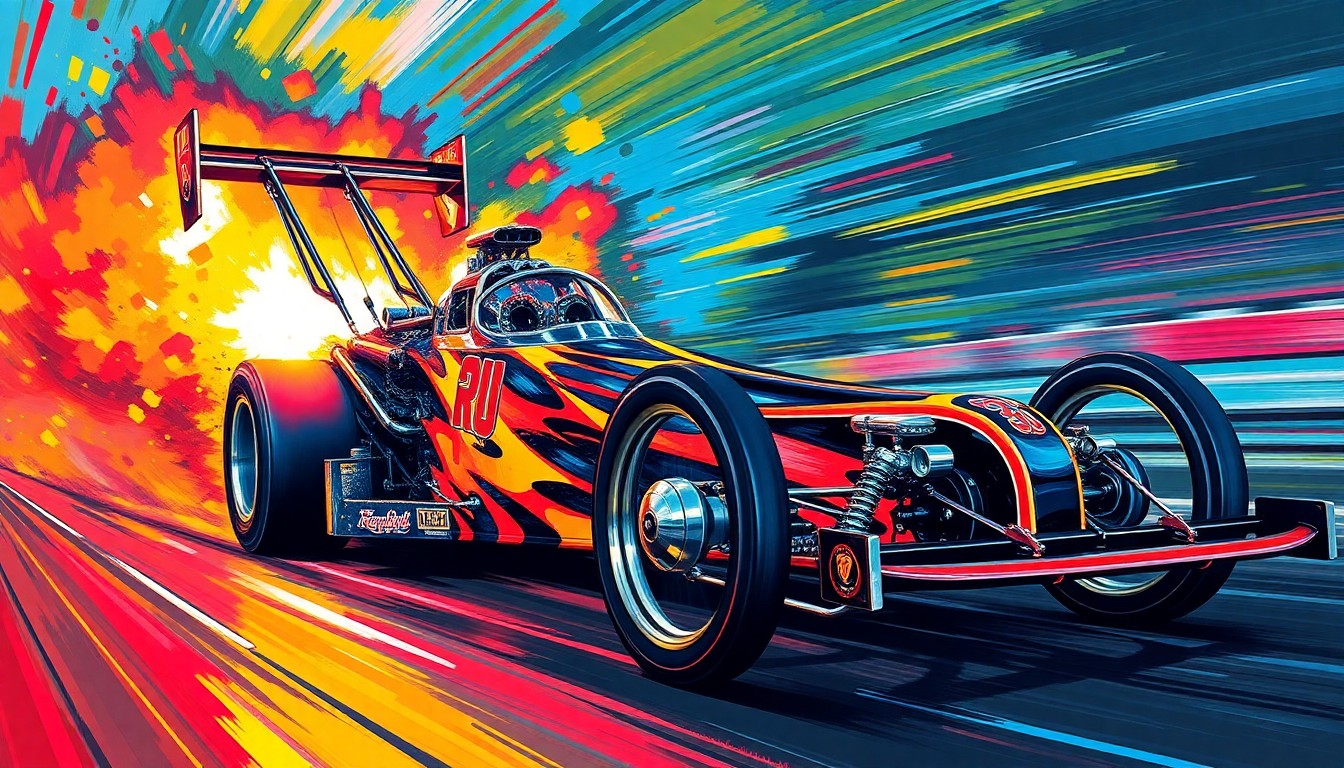 An abstract, energetic painting featuring a Top Fuel dragster in motion, with bright neon colors and expressive brushstrokes conveying the intense speed and power of the vehicle.