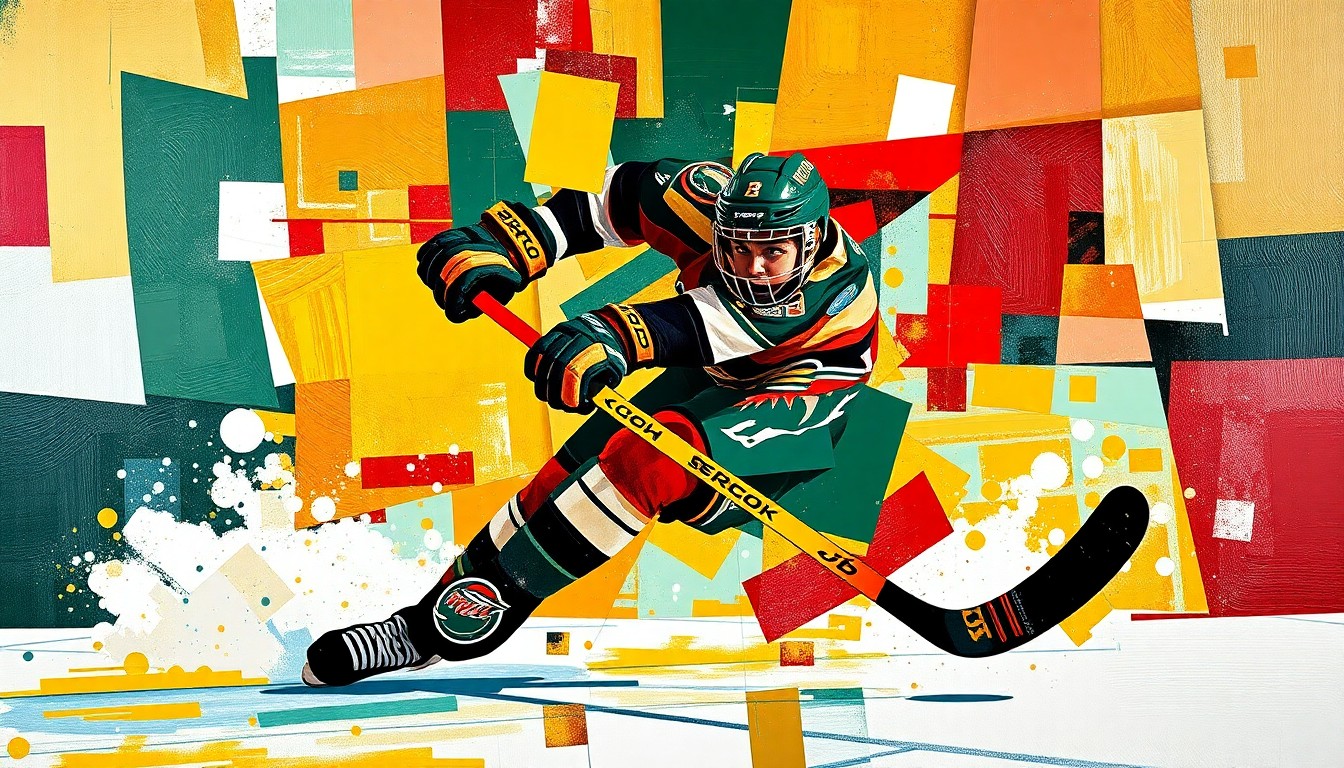 A cubist, geometric painting depicting a hockey player scoring a goal, with sharp, overlapping planes of forest green, iron range red, and gold colors representing the Minnesota Wild team palette.