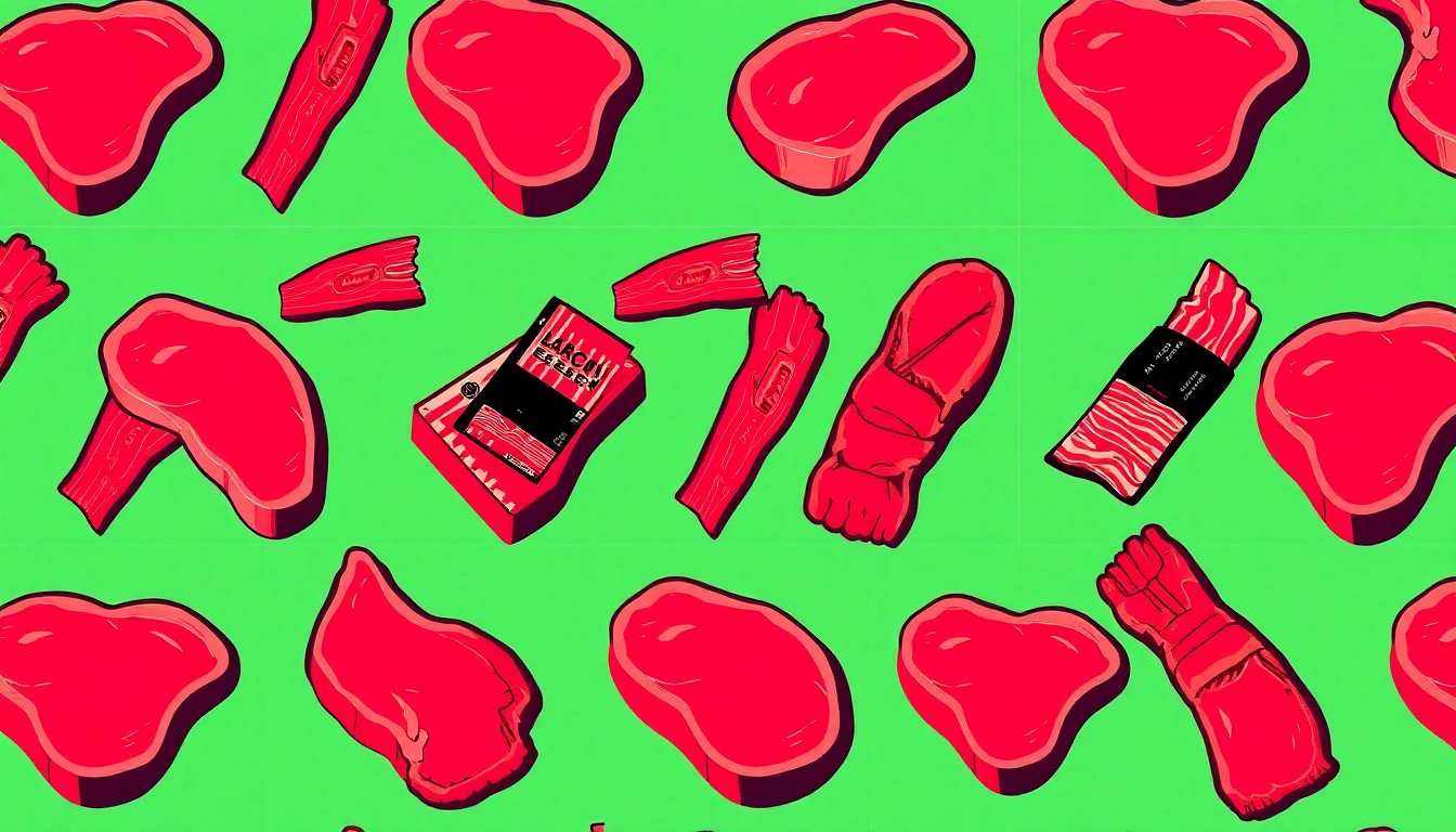 A brightly colored, high-contrast silkscreen print of a single, iconic meat item such as a steak or lobster tail, repeated in a tight grid pattern to capture the energy and visual style of a community meat raffle fundraiser.