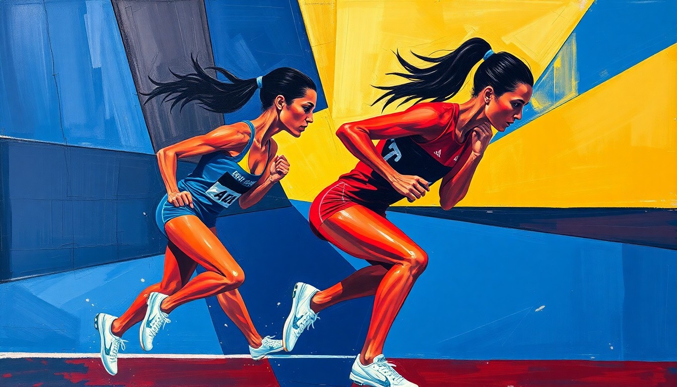 A fractured, geometric painting in bold navy, gold, and crimson colors, breaking down a women's track and field competition into sharp, overlapping planes to capture the dynamic energy and multiple perspectives of the event.