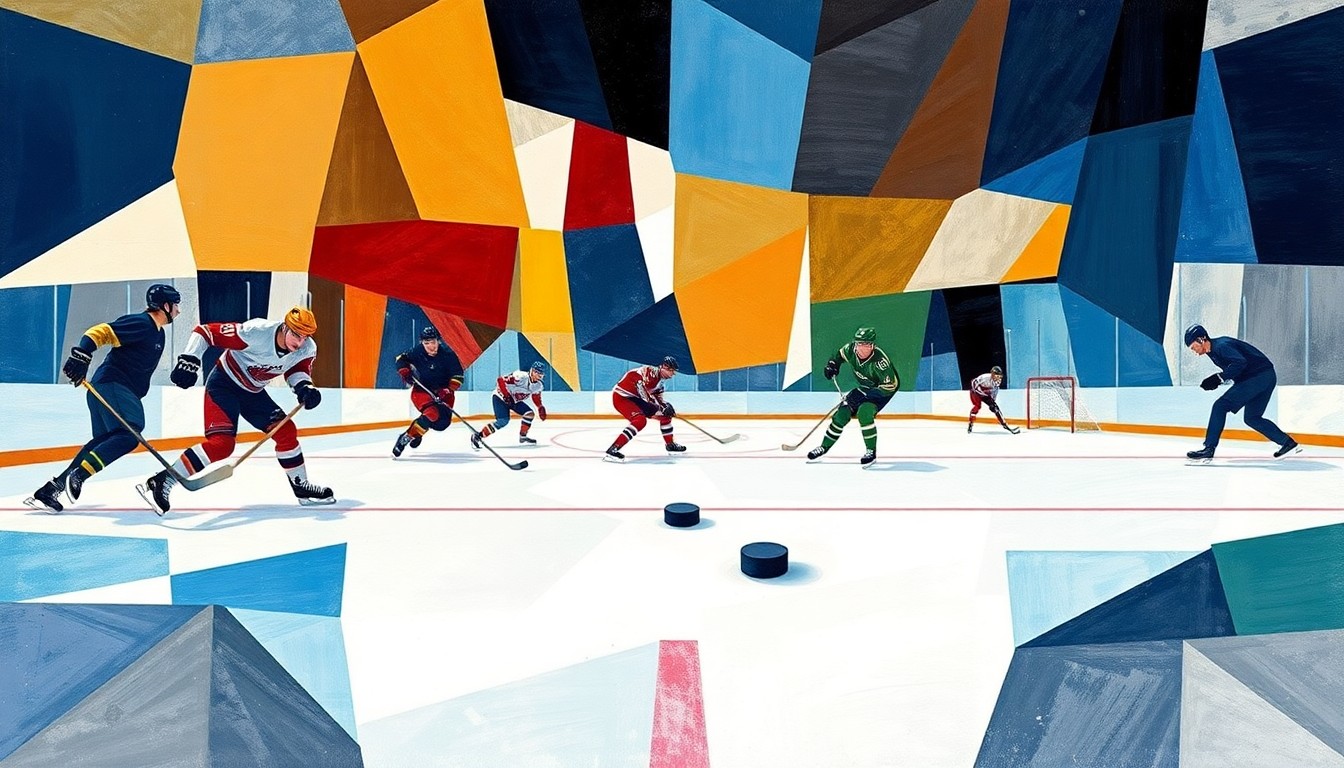 A fractured, multi-perspective painting depicting a hockey game, with the players and ice reduced to abstract geometric shapes and planes of color, the puck as the central focal point.