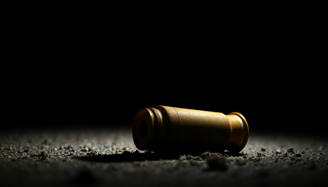 An extreme close-up of a spent shell casing on the ground, captured in stark, dramatic lighting that conveys the sudden and unsettling nature of the incident.