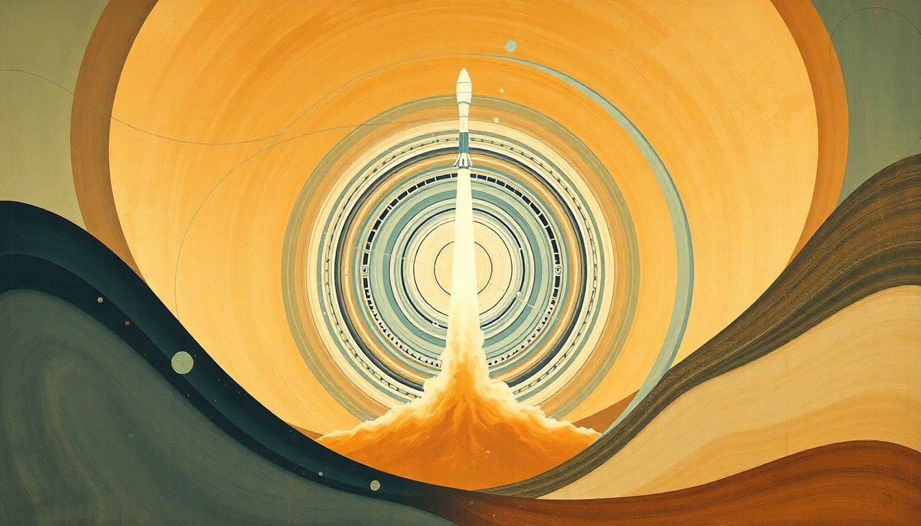 A bold, abstract painting in earthy tones of ochre, sage, and indigo, depicting the sweeping geometric arcs, concentric circles, and precise spirals of a powerful rocket launch, conveying the structural order and raw energy of Blue Origin's New Glenn vehicle.