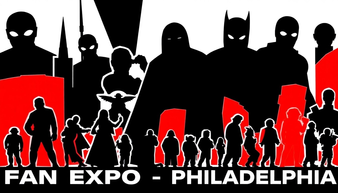 A bold, abstract illustration featuring jagged geometric shapes in high-contrast red and white, conceptually representing the diverse range of pop culture characters and franchises featured at the Fan Expo Philadelphia convention.