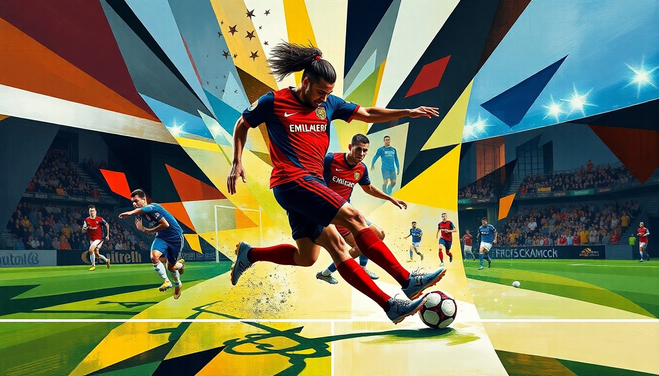A cubist-style painting depicting a soccer match in an abstract, deconstructed manner, with overlapping geometric shapes and planes of color representing the players' movements and the ball's trajectory.