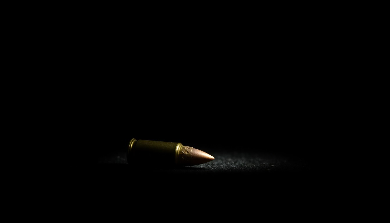 An extreme close-up photograph of a single spent bullet casing on the ground, reflecting a bright flash of light. The stark, gritty image conceptually represents the aftermath of a violent incident in a public space.