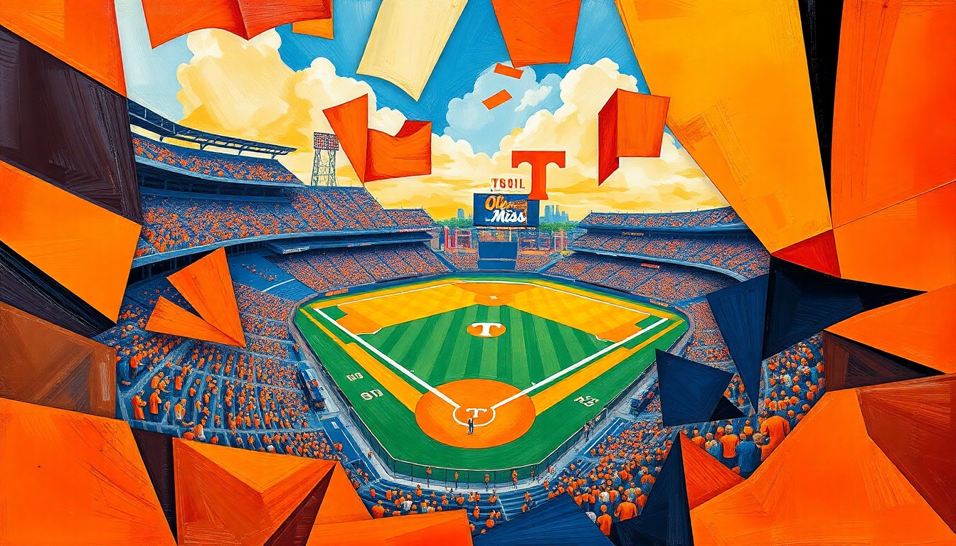 A fractured, geometric painting depicting a baseball game, with sharp planes of orange and navy blue representing the Tennessee and Ole Miss players and field. The image captures the chaotic energy and lack of cohesion in Tennessee's performance.