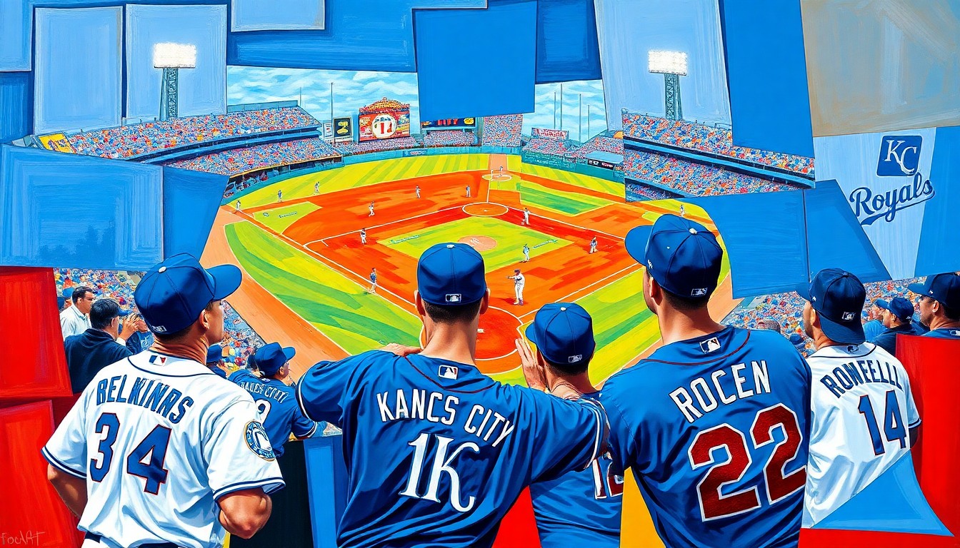 A fractured, cubist-style painting depicting the dynamic action of a baseball game, with the players and field broken down into overlapping geometric shapes in the Royals' signature colors of blue and red, conveying the tension and emotion of a veteran player's disagreement with his manager's decision.