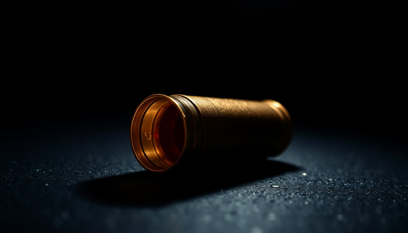 An extreme close-up photograph of a spent shell casing on a dark, textured surface, lit by a harsh, direct camera flash, conceptually illustrating the aftermath of a deadly shooting.