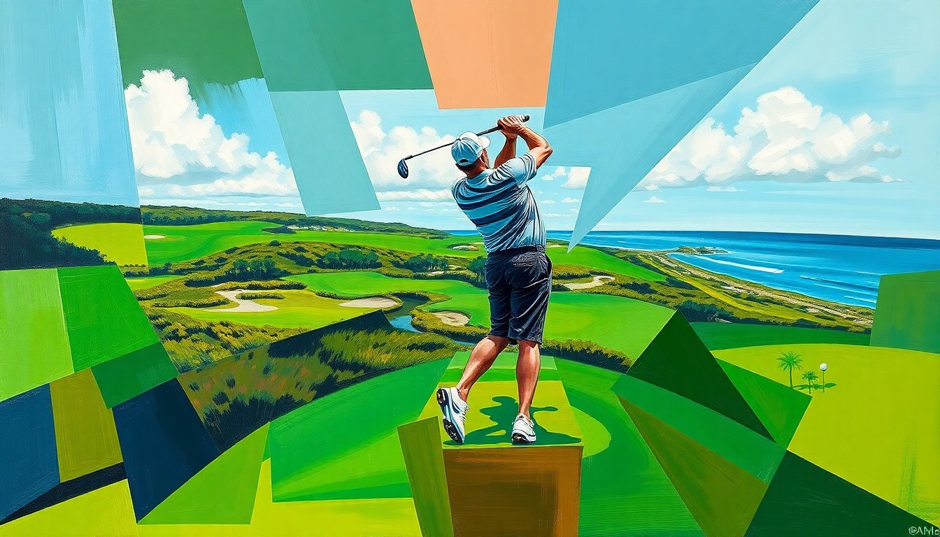 A fragmented, cubist-style painting depicting a golfer's swing and the Harbour Town Golf Links course, with sharp geometric shapes in shades of green, blue, and brown representing the dynamic motion and layout of the course.