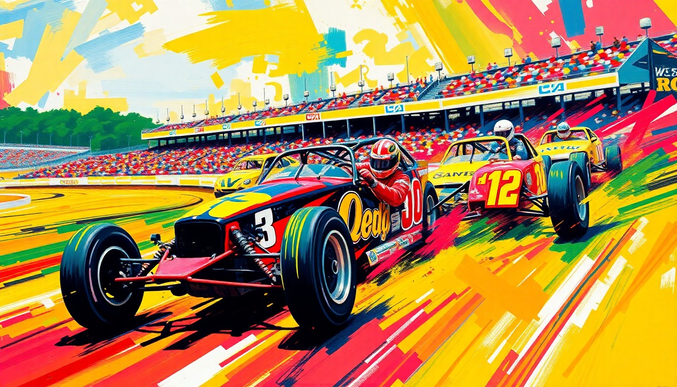 An abstract, expressionistic painting in vibrant neon colors, with dynamic brushstrokes capturing the raw energy and motion of stock car racing at Bowman Gray Stadium.