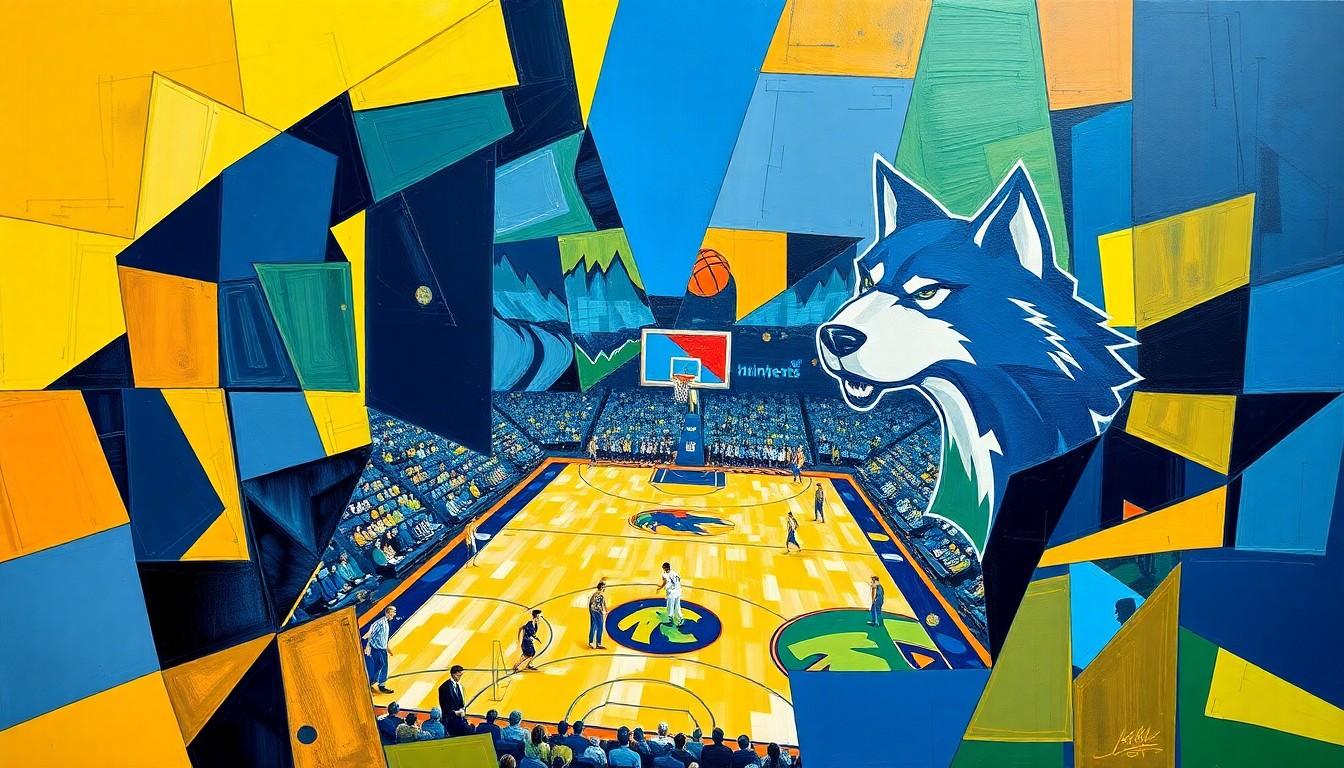 A fractured, multi-perspective painting in vibrant colors, breaking down a basketball game between two teams into sharp, overlapping geometric planes.