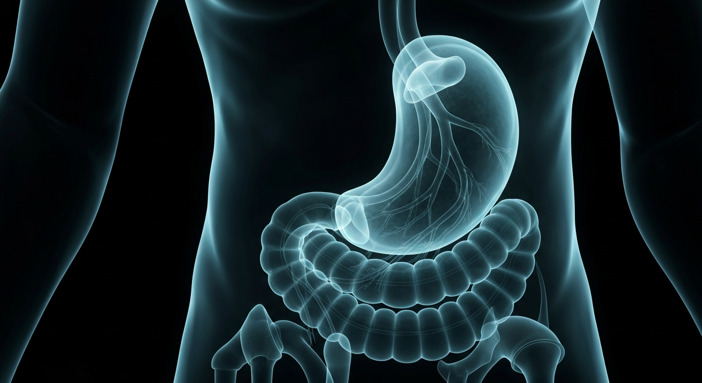 An extreme close-up, translucent X-ray photograph showing the intricate internal structures of the human digestive system glowing with a faint blue-green light, conceptually representing the biological mechanisms behind weight management.
