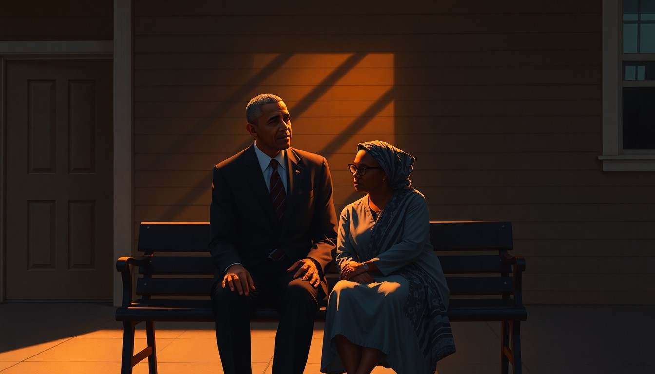 A serene, painterly scene of two men sitting on a bench outside a building, their faces obscured by shadow, conveying a sense of contemplation and political cooperation.