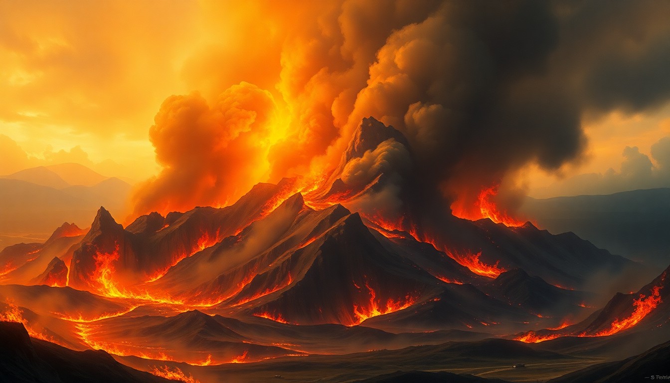 A sweeping, atmospheric landscape painting depicting a raging wildfire, with billowing plumes of smoke and flames dwarfing the surrounding countryside.