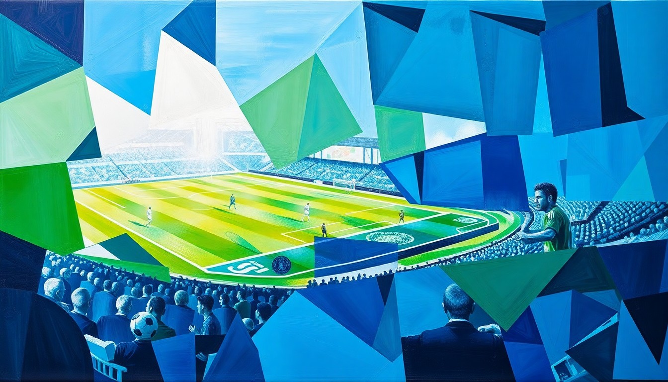 A cubist, geometric painting depicting a Minnesota United soccer match, with players and the field fractured into sharp, overlapping shapes in shades of blue, green, and white, conveying the dynamic energy of the game.