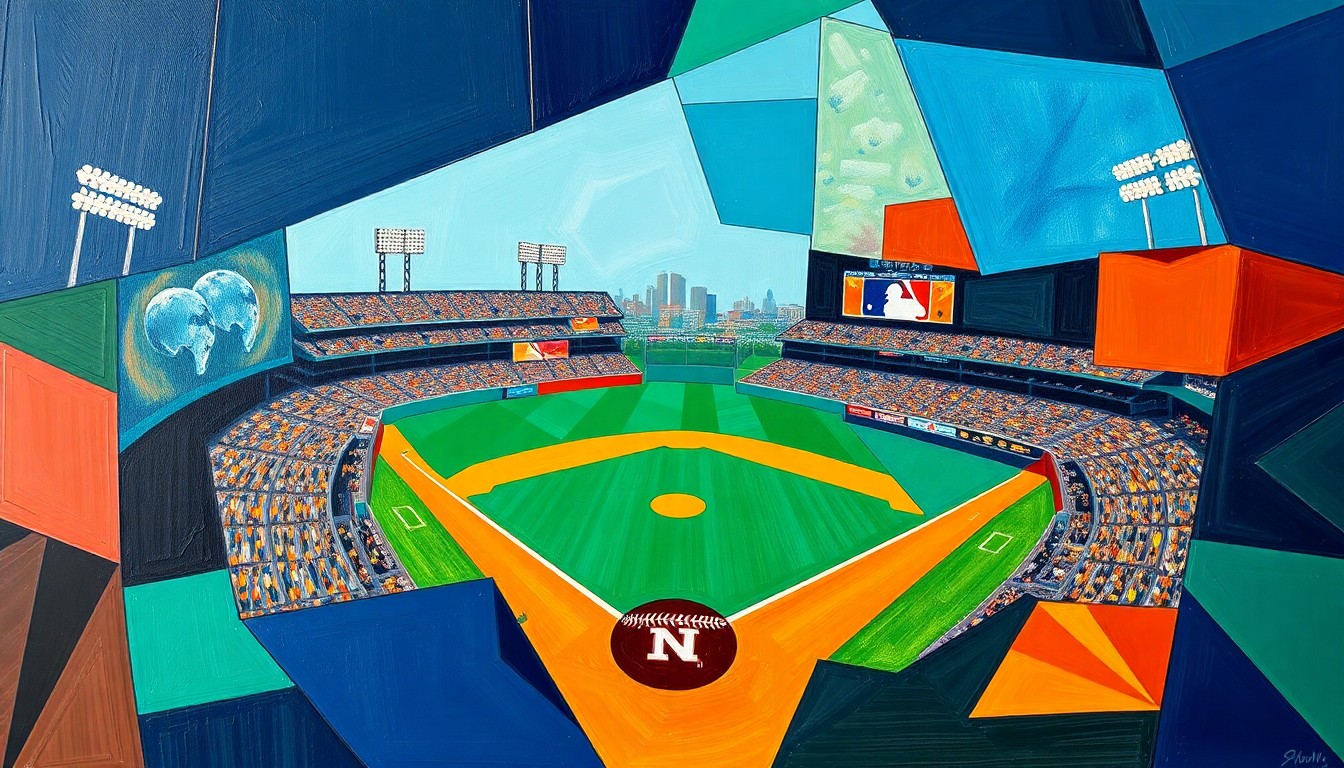 A cubist, geometric painting depicting a baseball game in motion, with overlapping planes of navy, green, and orange conveying the dynamic energy of the sport.