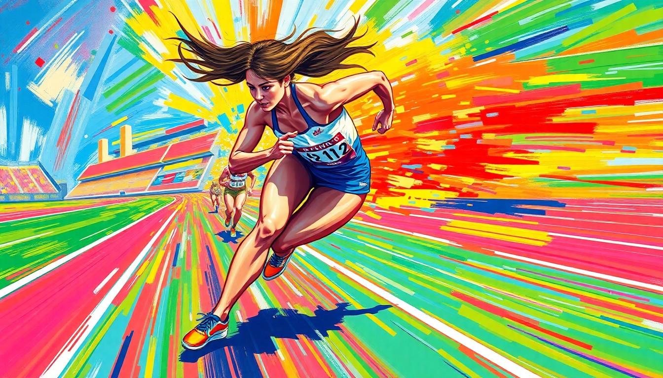 An extreme close-up of a female track athlete sprinting, with vibrant neon brushstrokes capturing the explosive energy and motion of the race.