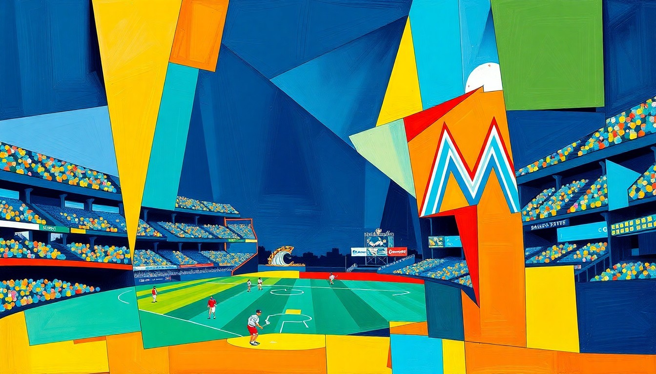 A fractured, multi-perspective painting in bold colors, breaking down a baseball game into sharp, overlapping geometric shapes and planes.