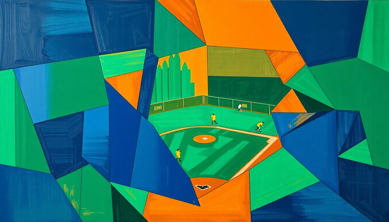 A cubist-style painting depicting a softball game broken down into overlapping geometric shapes and planes in navy, green, and orange, conveying the dynamic energy and competitive spirit of the sport.