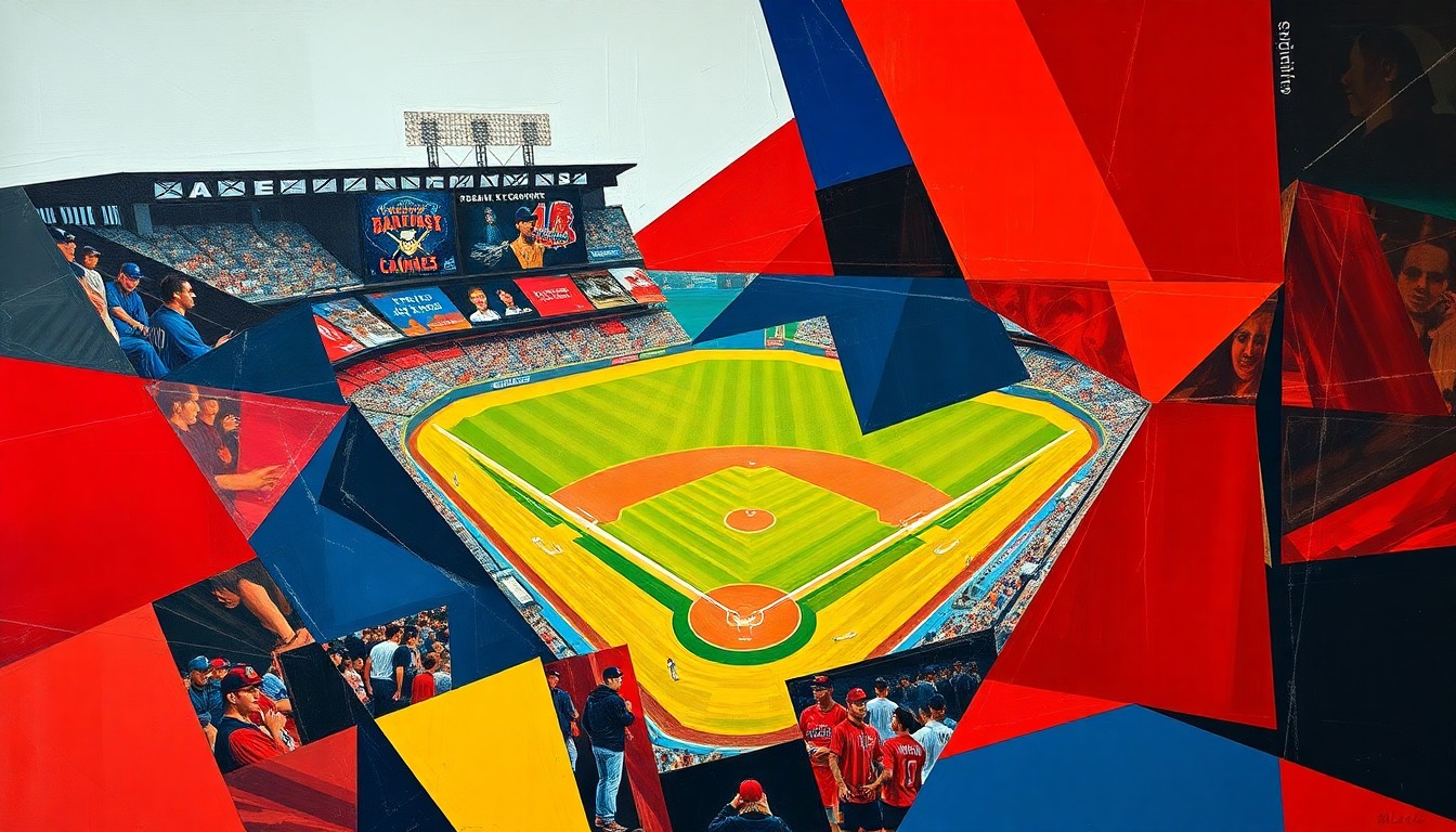 A cubist, geometric painting depicting a baseball game broken down into overlapping planes of bright red, navy blue, and golden yellow, capturing the dynamic energy and competition of the sport.