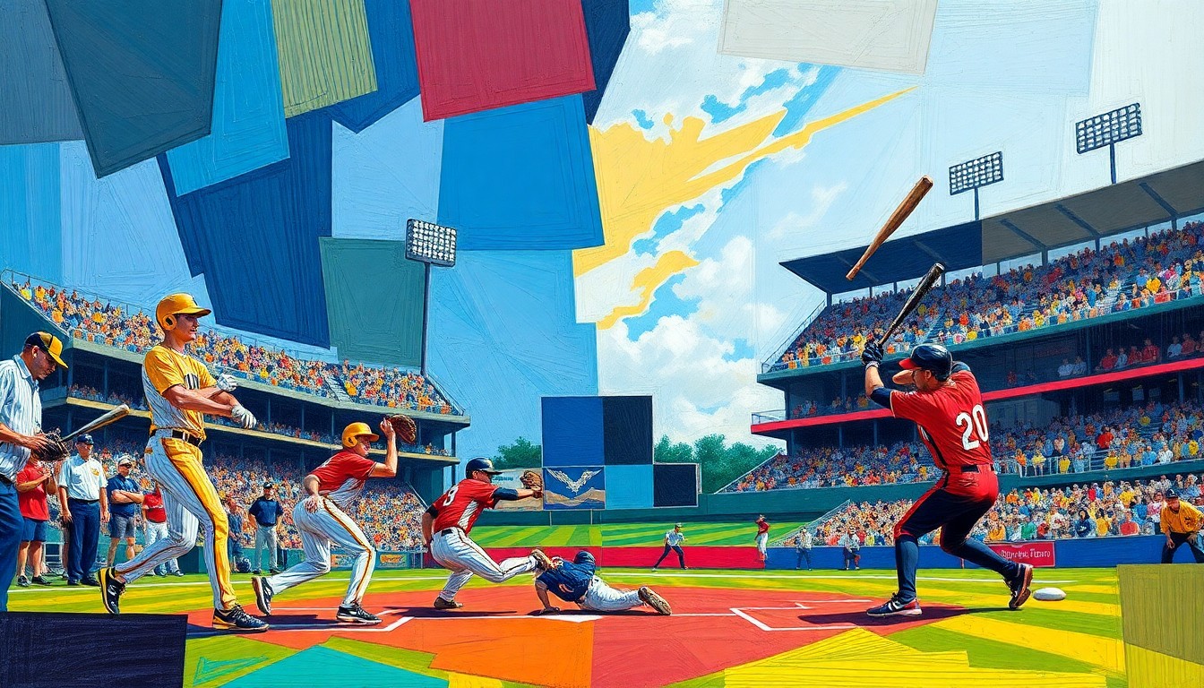 A cubist, geometric painting depicting a baseball game between the Eckerd Tritons and Florida Tech Panthers, with the players and field broken down into overlapping planes of vibrant blue, gold, red, and black colors.