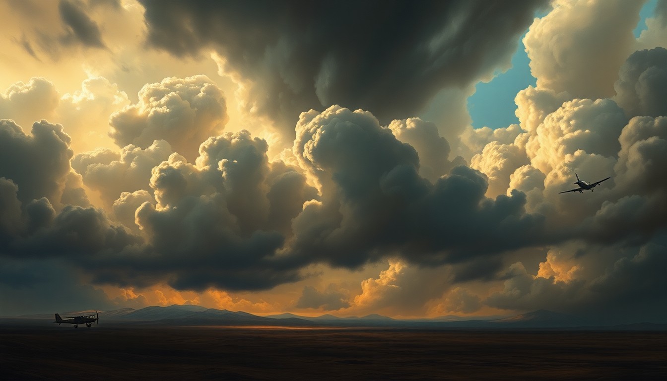 A sweeping, atmospheric landscape painting in muted tones of grey, blue, and green, with a small, damaged aircraft barely visible in the distance, dwarfed by the vast, dramatic sky above.