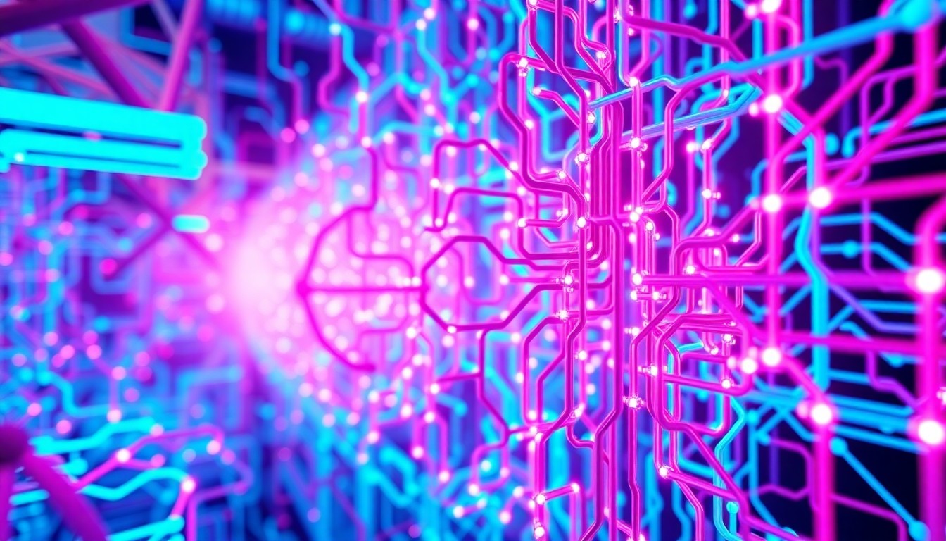 A highly detailed, glowing 3D illustration of a complex neural network or AI infrastructure, rendered in a vibrant palette of neon cyan and magenta, conceptually representing the power and complexity of AI 9618 technology.