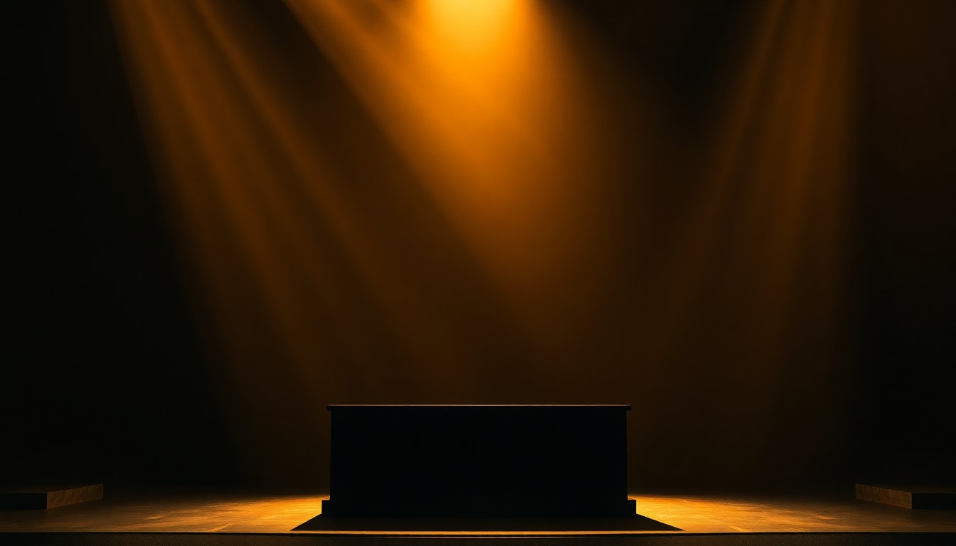 A dimly lit, cinematic painting of a lone podium on a stage, bathed in warm, diagonal sunlight and deep shadows, conveying a sense of solemnity and introspection about the challenges of political communication.