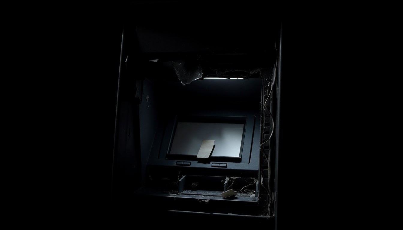 An extreme close-up photograph of a damaged ATM machine, its metal casing dented and scuffed, reflecting the harsh light of the camera flash against a pitch-black background, conceptually illustrating the physical impact of the burglary and theft crimes.