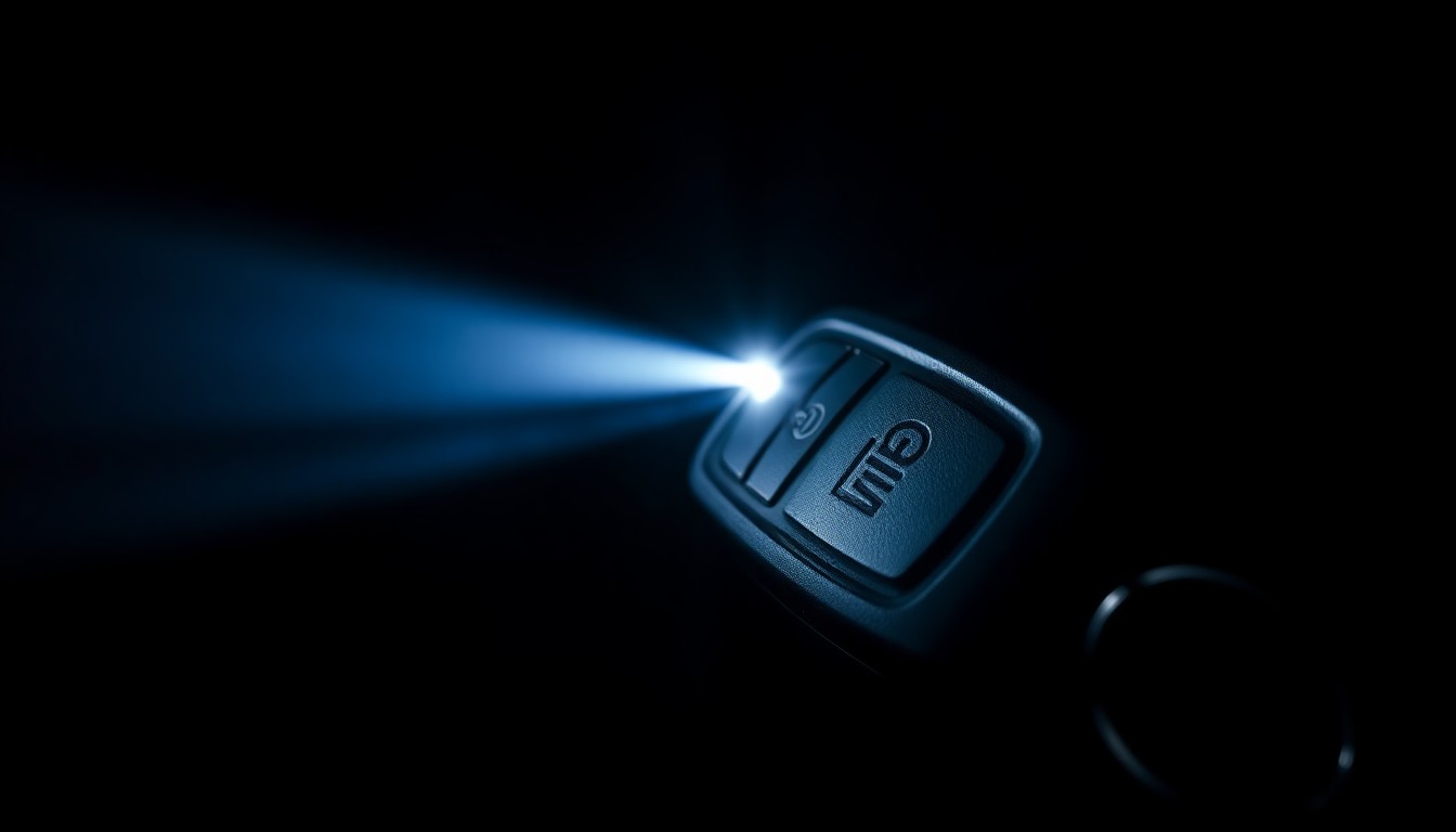 An extreme close-up photograph of a car key fob reflecting a harsh, direct camera flash, conceptually representing the investigation into a DUI incident.