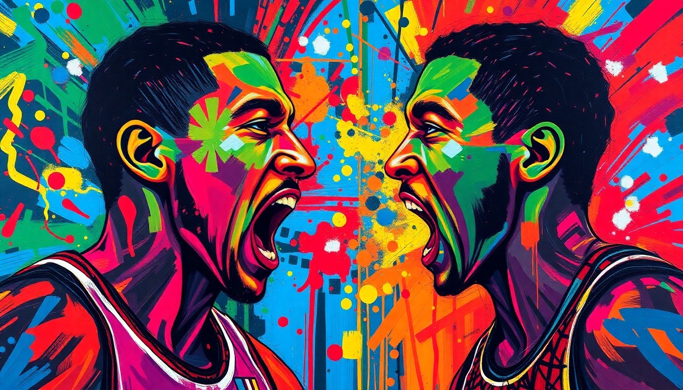 An abstract, expressionist painting featuring bold, neon-colored brushstrokes that capture the raw energy and physicality of a confrontation between two basketball players, their faces and bodies blending together in a vibrant, chaotic display of athletic intensity.