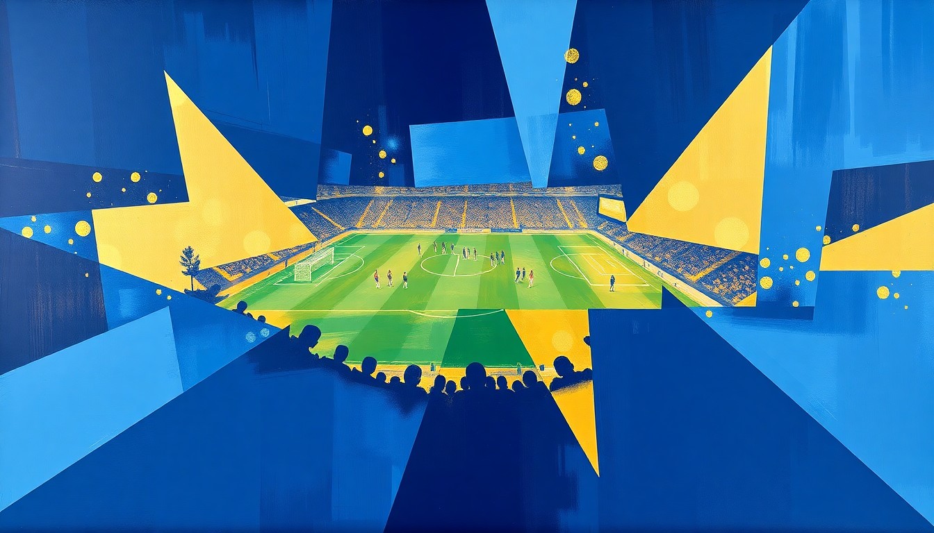 A cubist-style painting depicting a Minnesota United FC soccer match, with the players and the field broken down into sharp, overlapping geometric shapes in shades of navy blue, light blue, and gold.