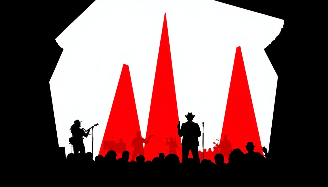 A bold, abstract illustration featuring stark, jagged geometric shapes and heavy black silhouettes in a high-contrast color palette, conceptually representing the energy and atmosphere of a country music concert without depicting any specific people, objects, or branding.