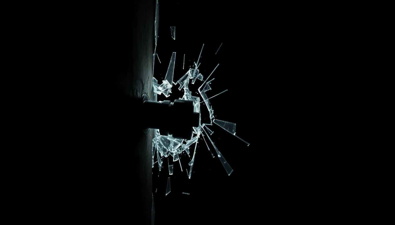 An extreme close-up photograph of a broken window lock, capturing the harsh texture and dramatic lighting to convey the gritty reality of a home burglary.